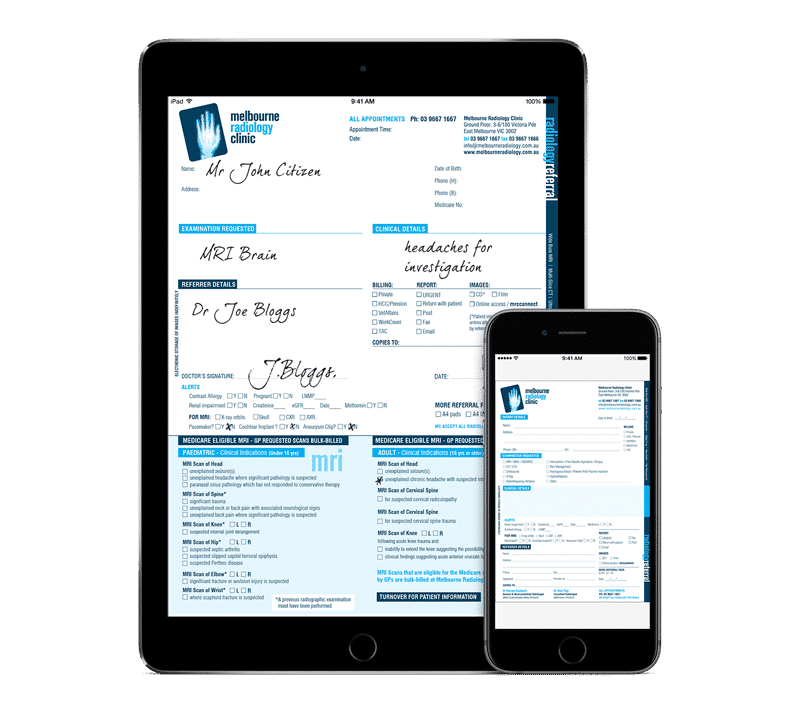 Medical Imaging - Radiology Referral Example shown on smart phone and iPad